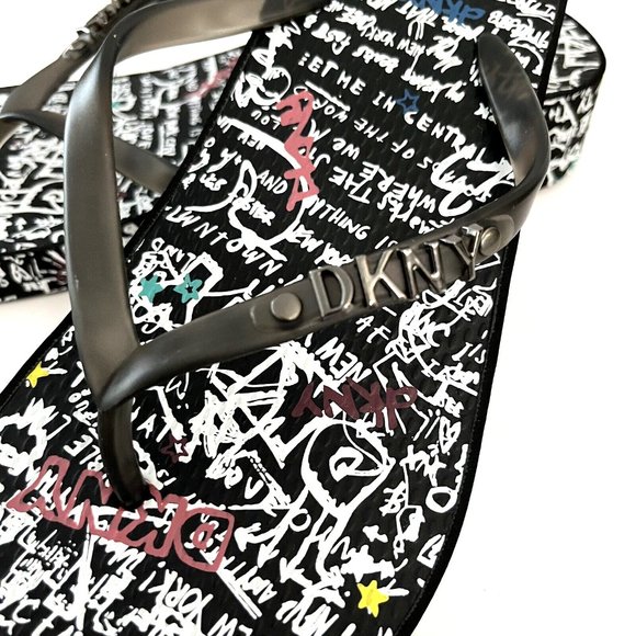 DKNY Jazzi Flip Flop Sandals Size 10 Black White Graffiti Logo Wedge Thong - Picture 3 of 7